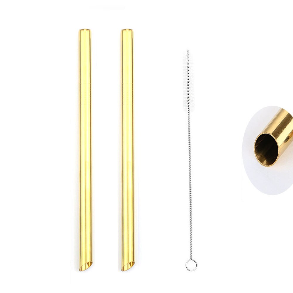 2 stk genanvendelige brede metal sugerør skarpe sugerør 215 x 12mm lige drikke sugerør spidse spidser perle milkshake bubble tea: Guld