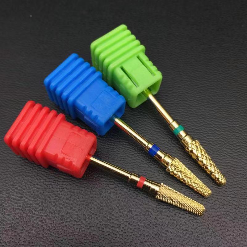 6 tipos de brocas de carburo en forma de maíz, máquina eléctrica para manicura, fresa, accesorios giratorios para uñas de uña dorada