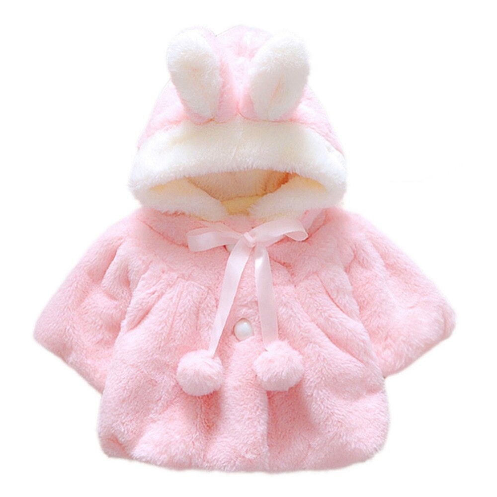 Baby Girl Cartoon Winter Coat with Cute Rabbit Ear Hoodie Warm Soft Coat Jacket Princess Pink Clothes for 0-24Months