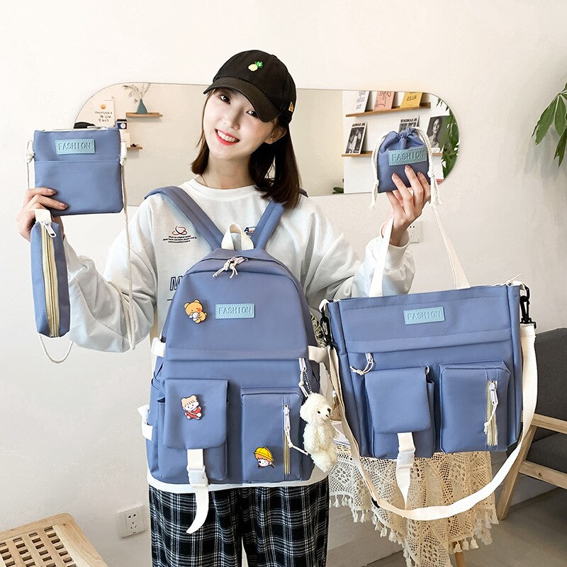Школьный Девочка Рюкзак Женский 5Pcs Set Canvas Tas Kawaii Vrouwen School Rugzak Leuke Schooltassen Voor Meisjes Mochilas Bolso mujer