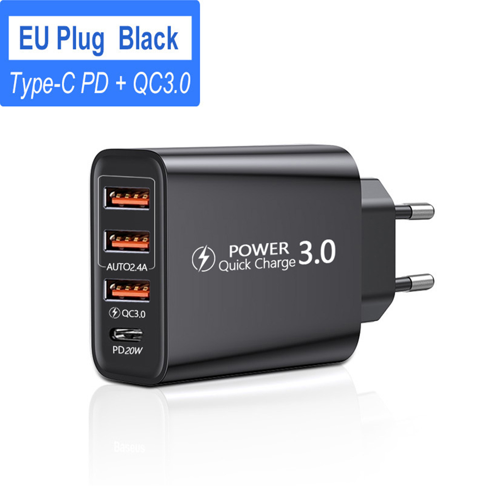 20W PD 4 Ports USB 5V4A Charge Power Adapter Mobile Phone Charger QC3.0 Charging EU/US Plug Outlet Travel Charger 110V 220V: black / us