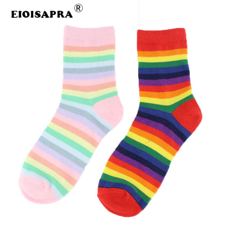 Koreansk stil kvinder afslappet behagelig regnbuestribet kvinder sok harajuku slik farve farverige dejlige sokker