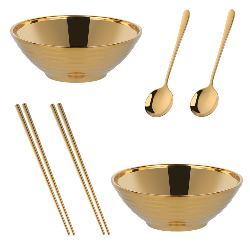 Japanese Stainless Steel Ramen Instant Noodles Bowl Large Rice Soup Salad Double layer Bowl For Restaurant Kitchen Tableware: Gold 6pcs