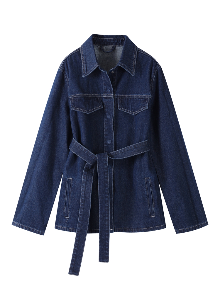 Vintage tweedelig denim set voor dames, bestaande uit een single-breasted jasje met revers en riem, en een bijpassende high-waist straight leg jeans. een casual outfit voor elke dag.