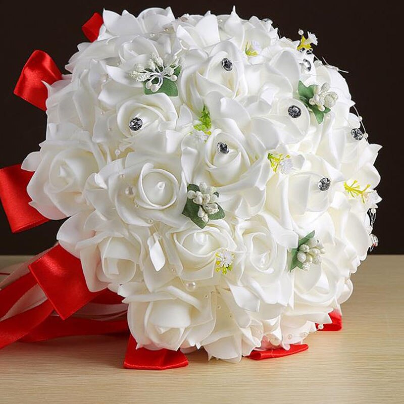 Bride wedding bouquet flower simulation flower white rose bouquet white red hand throw flower