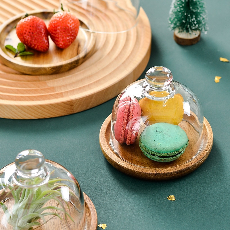 Holz Nachtisch Tablett mit Glas Abdeckung Gerichte und Platten setzt für Mini Obst Brot Kuchen Nette Platte