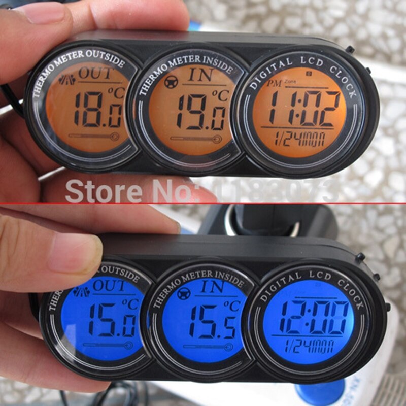 Brand LCD Screen Car Inside Outside Thermometer Vehicle Clock Calendar Voltage Monitor Temperature Meter Blue/Orange Backlit