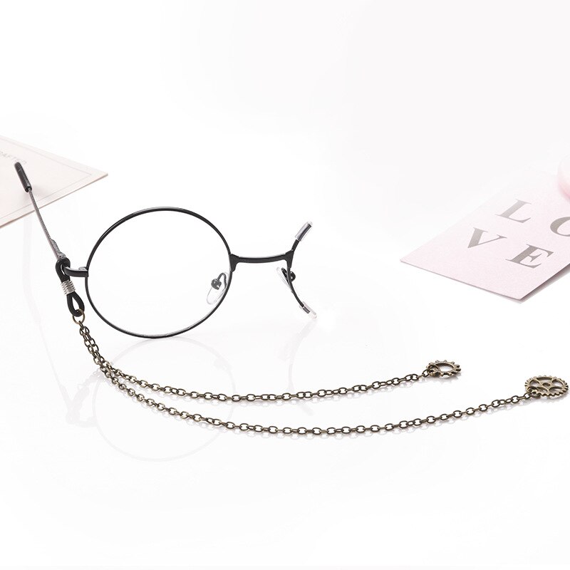 Vintage glasses with chain one eye round metal frame optical glasses steam punk style retro eyeglasses half frame: black right