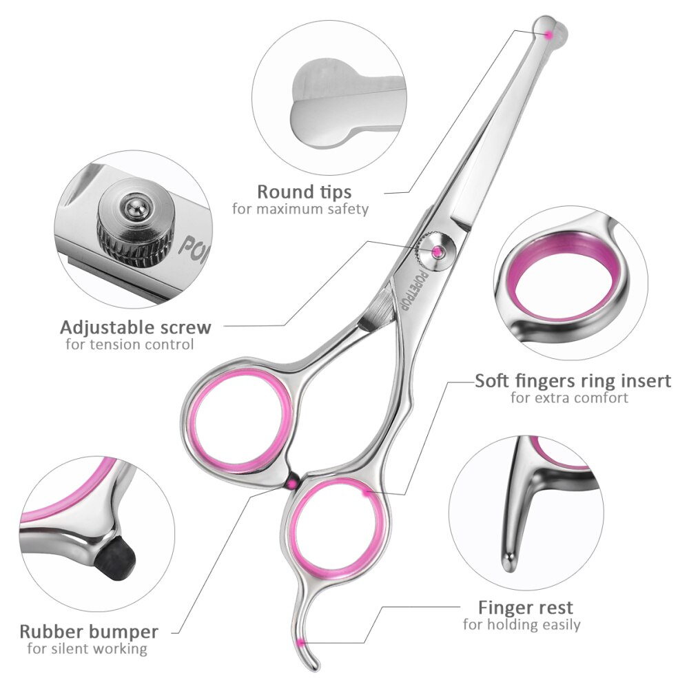 POPETPOP tijeras de peluquería canina Kit de servicio pesado de acero inoxidable tijeras de peluquería canina con seguridad punta redonda para Gato perro