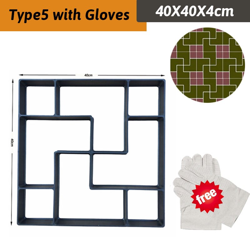 12Type DIY Garden Walk Pavement Mold Reusable Path Maker Concrete Molds Manually Paving Cement Brick Stone Road Concrete Molds: Type5 with Gloves