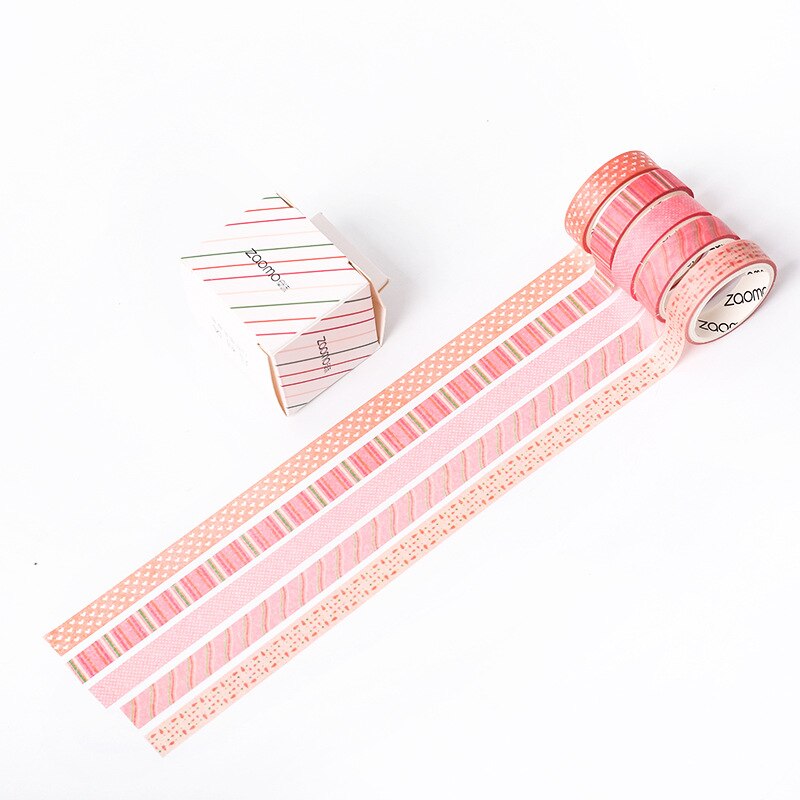 Valiosopa 5Pcs Basic Kleur Papier Washi Tape Set 10Mm Kant Streep Grid Zwart Grijs Lijm Afplakband Decoratie stickers A6634: Pink