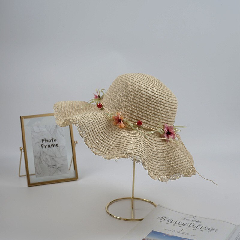 Sombrero de paja con flores para madre e hija, sombrero flexible de ala ancha para playa, verano,: BEIGE