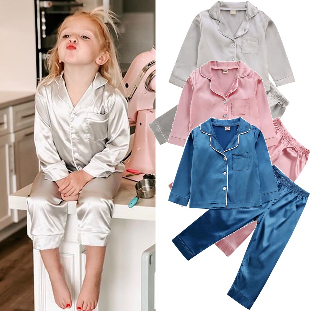 Småbørn baby dreng pige silke satin top bukser pyjamas lange ærmer solid button-down pyjamas satin sæt barn nattøj natkjole