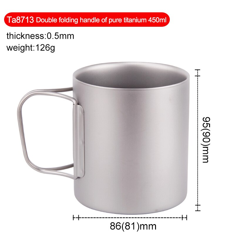 Tiartisan-taza de titanio para exteriores, taza de doble pared aislada de 450 ml, taza de café de doble capa de titanio, botella deportiva para acampar: with handle