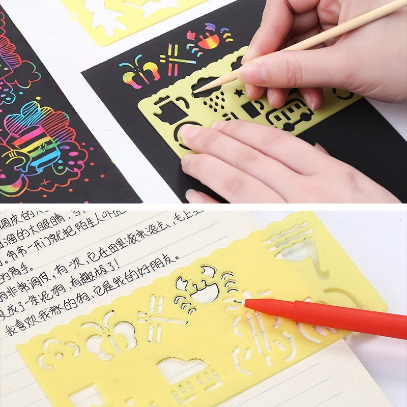JULY'S SONG 50 Sheets Magic Color Rainbow Scratch Art Paper Card Set DIY Painting Toy with Graffiti Stencil for Drawing Stick