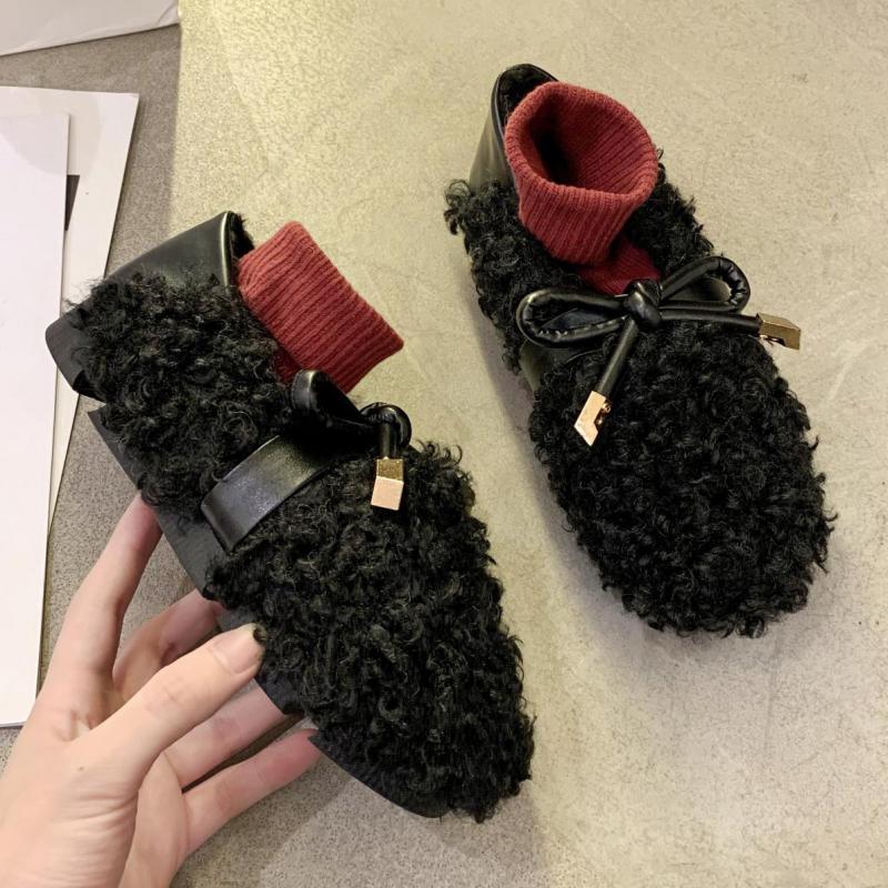 Plyschskor dam höst och vinter bär platta lata plus fluffiga skor rund tå zapatos de mujer platta skor