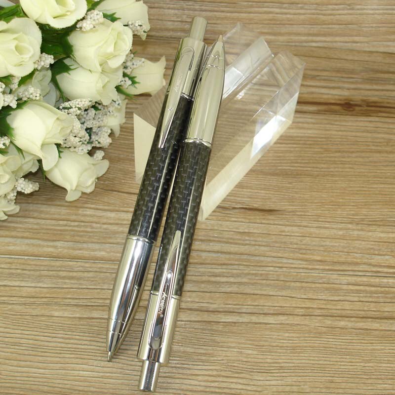 ACMECN 2pcs / lot Propelling Writing Stationery Sets Carbon fiber Ballpoint Pen &amp; 0.7mm Mechanical Pencil Twin Pen Set