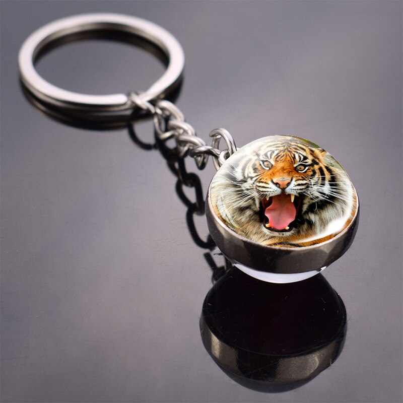 Tiger Keychain Animal Tiger Head Picture Glass Ball Key Chain Ring Keyfob Tiger Jewelry Valentine's: White