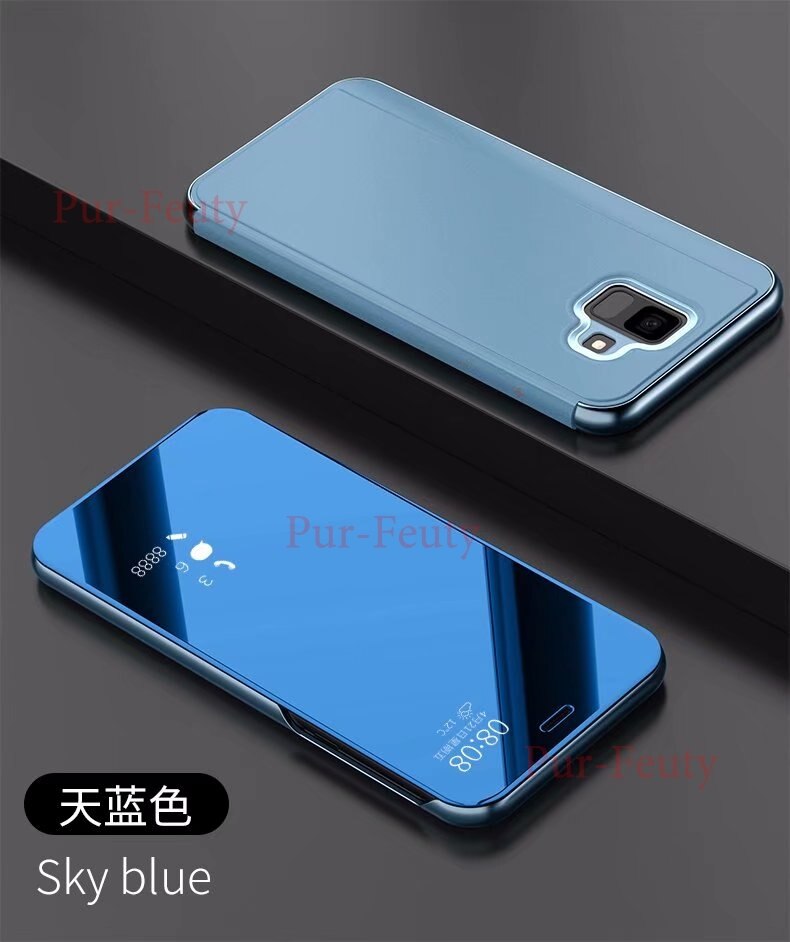 Flip etui til samsung galaxy  j6 sm j600 j600fn j600fn/ ds sm -j600f sm -j600f/ ds sm -j600fn klart speil pu skinndeksel: Blå