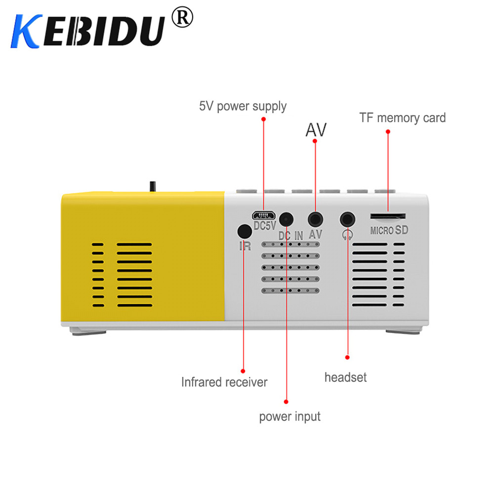 Kebidu J9 Draagbare Mini Projector 1080P Mini Home Projector Av Usb Sd Tf Card Usb Draagbare Pocket Beamer Met telefoon Pk YG300