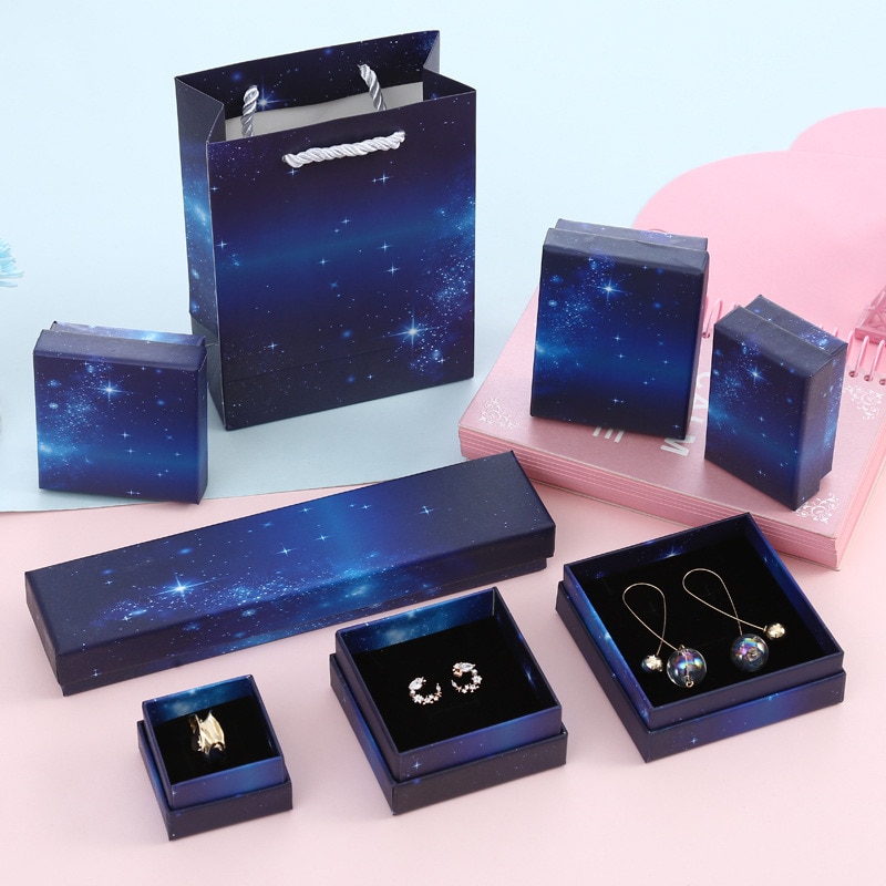 10pcs Starry Sky Jewelry Box Dark Blue Jewelry Box Bag Spot Porous Ring Packaging Boxes Party Supplies