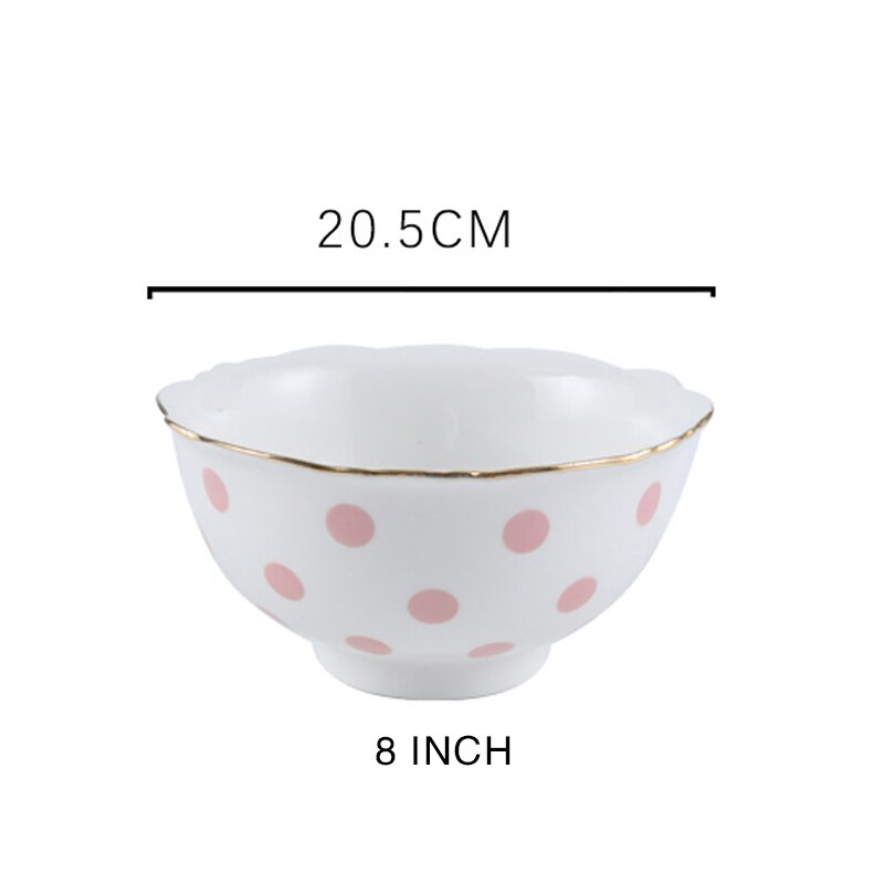 10inch Food Tray Gold Edge Dinnerware Set Polka Dot Dinner Plate Set Soup Dish Steak Flat Plate Flower Shape Breakfast Tableware: Pink 8inch bowl