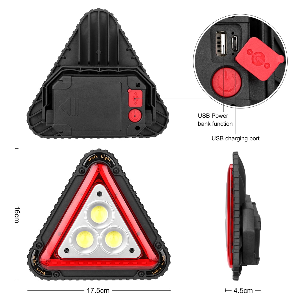 Usb laddningsbar triangel varning led strålkastare cob led bil reparation arbetslampa 18650 handtag bärbar campingljus söklykta