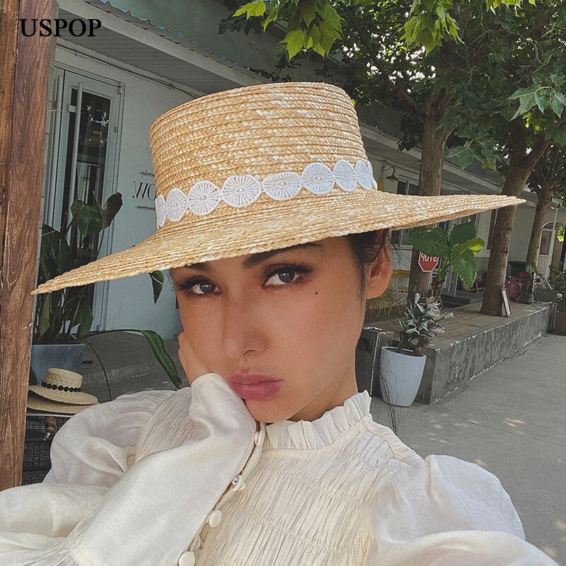 USPOP – chapeau de soleil en paille de blé naturel pour femmes, chapeau de plage à large bord, pare-soleil d'été