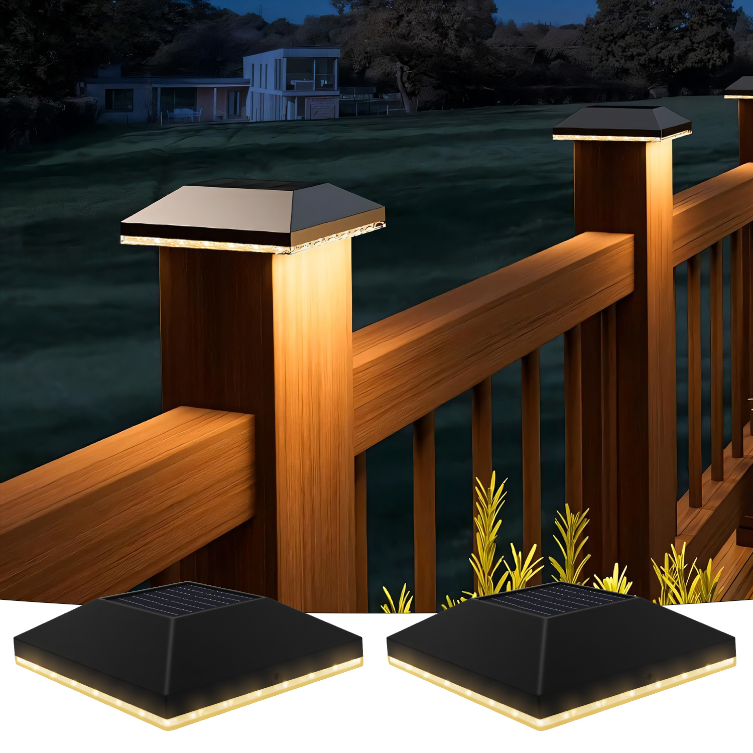 Post Lights Outdoor Waterproof 2pack,Deck Cap Light for 4x4 Wooden/Vinyl,Black Solar Fence Post Cap Light for Garden/Patio/Porch