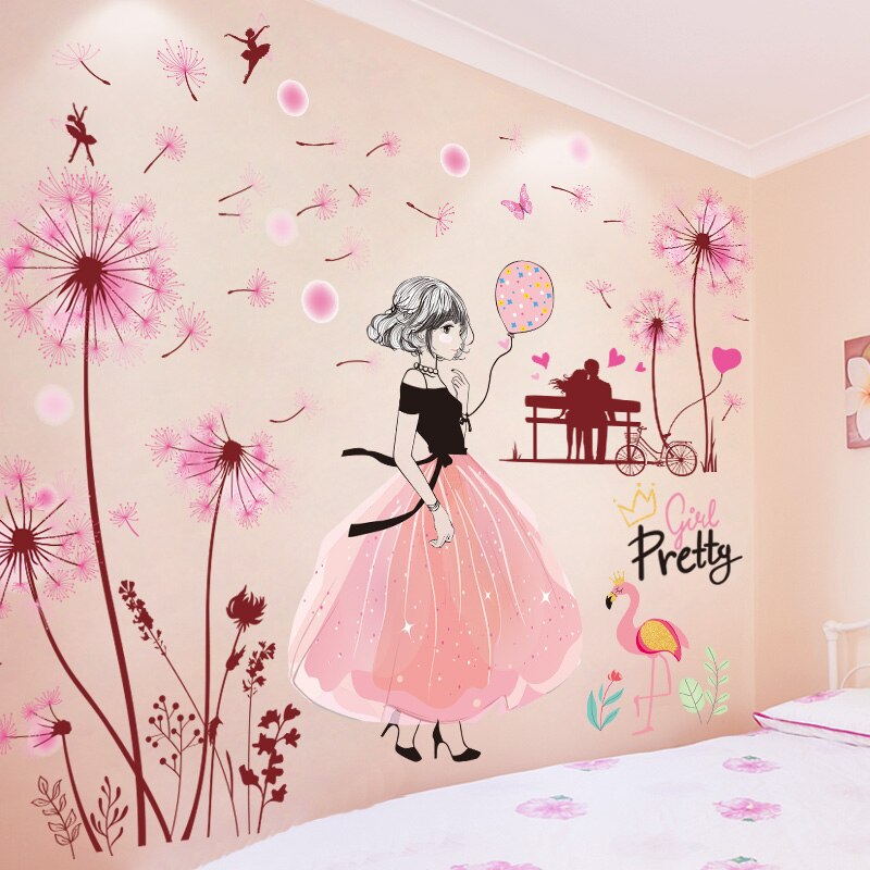 [Shijuekongjian] Roze Paardenbloemen Bloemen Muurstickers Diy Caroon Meisje Muurstickers Voor Kinderen Slaapkamer Babykamer Huis Decoratie: flower and girl 2