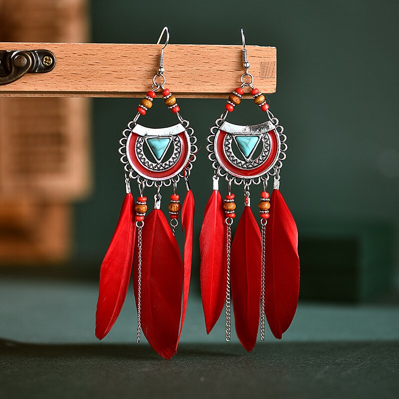 Pendientes colgantes de plumas bohemios para mujer, aretes largos de cuentas con borlas, joyería para , banquete,