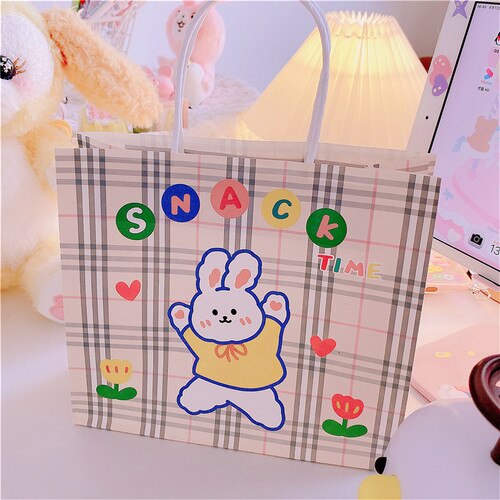 3pcs/lot Grid girl Bags Kraft Packaging Handle Paper Storage Bag for Wedding Candy Favor Bag With Handle Bag: Coffee flower rabbit