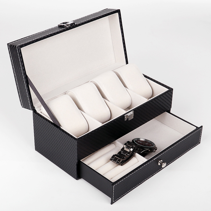 Organizer Carbon Fiber Double Layer Boxes Watch Necklace Ring Storage Box Jewelry Storage Multifunction Container Holder