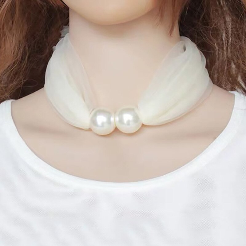 Spring Net Yarn Pearl Scarf Necklace Women Choker Party Jewelry Pure Color Scarf Necklaces: White