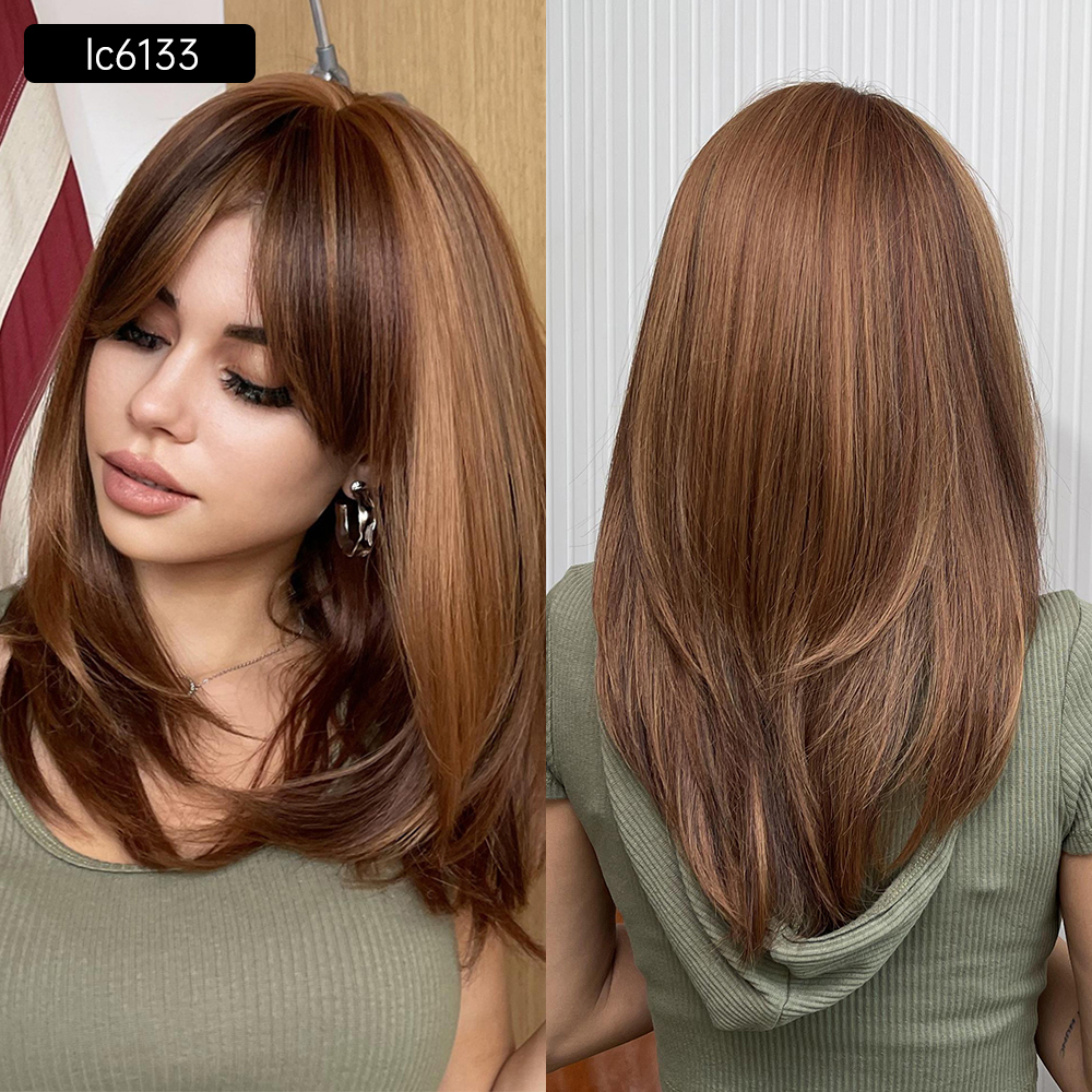 Element 16 Inch Synthetic Wig With Bangs Natural Headline Ombre Brown Color Cosplay Party Replacement Wigs for Women: LC6133