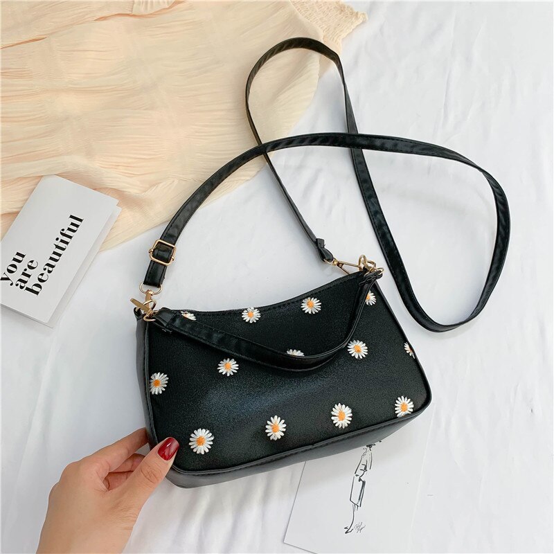 Realer-sac à main brodé à fleurs pour femmes, sacoche à bandoulière, fourre-tout , sacoche sous le bras, décontracté: Black