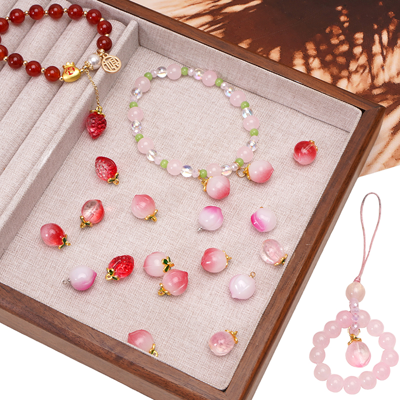 Abalorios de cristal de melocotón y fresa, colgante de fruta de imitación para pulseras Diy, llavero, collar, manualidades, materiales para hacer joyas, 2-5 uds.