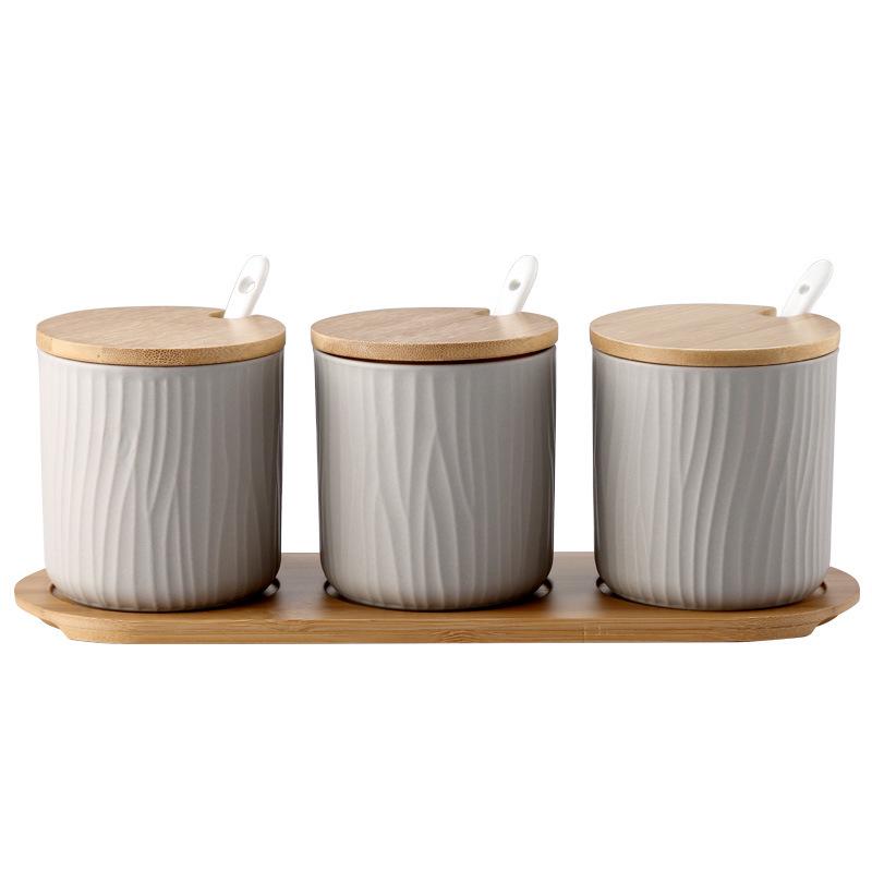 3 Pcs Nordic Keramische Kruiden Pot Met Houten Deksel En Lepel Opslag Container Kruiderij Potten Keramische Kruiden Rack Keuken Tool