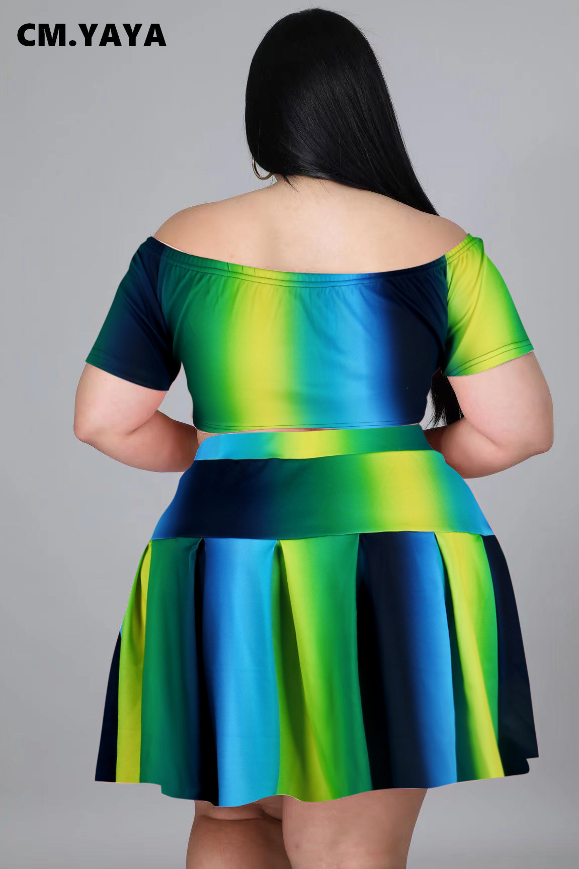 Cm. Yaya Vrouwen Plus Size Set Print Korte Mouw O-hals Crop Tops Korte Geplooide Rokken Twee 2 Stuk Sets Mode Outfits zomer