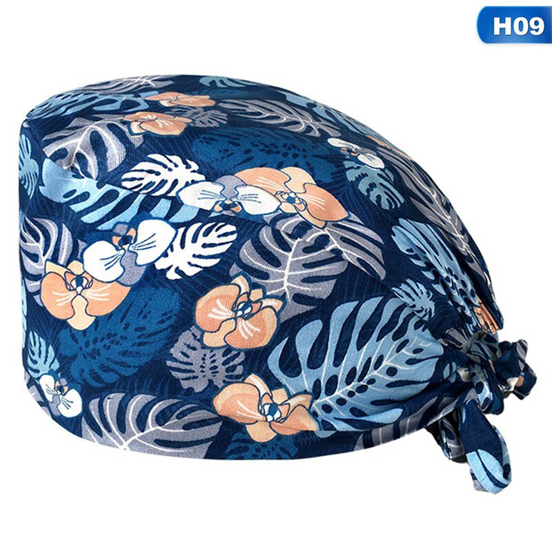 Kvinder print bomuld bandage justerbar sygeplejerske kasket med svedbånd bouffant hat mænd gorros quirofano mujer sygeplejerske uniform tilbehør: H09