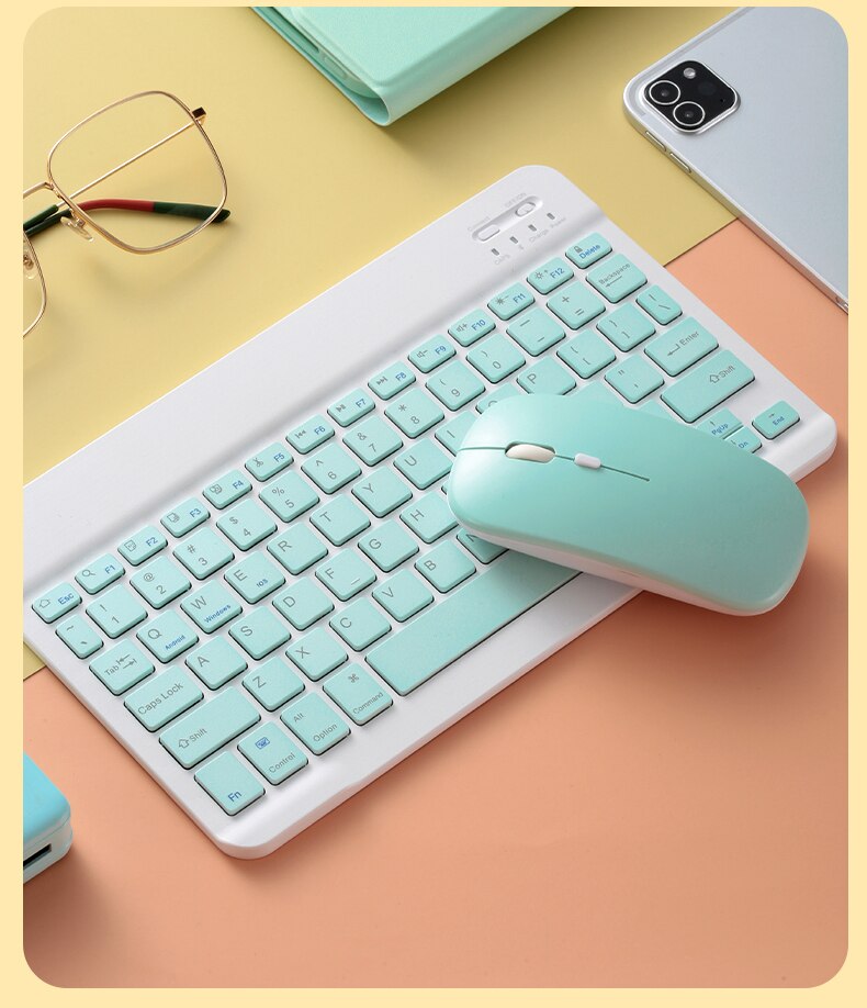 10 inch Slim Mini Bluetooth Keyboard and Mouse For Android iphone Tablet Wireless Keyboard For iPad IOS Phone Russian Spanish: Green Keyboard Mouse