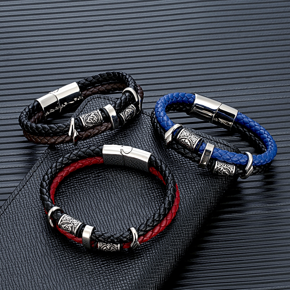 Mkendn punk vikingstil rustfritt stål kompass norrøne runer amulettperler flettet flerlags lærarmbånd mann pulsera