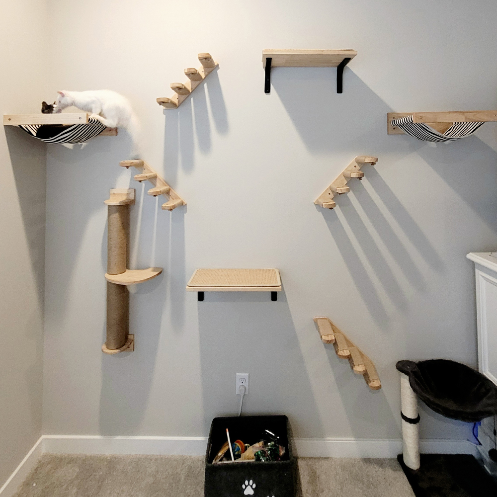 Cat Tree Wall Mounted Climbing Shelves Wooden Hammock with Ladder and Cat Bridge for Cat Perch Sleeping Pet Indoor Playground