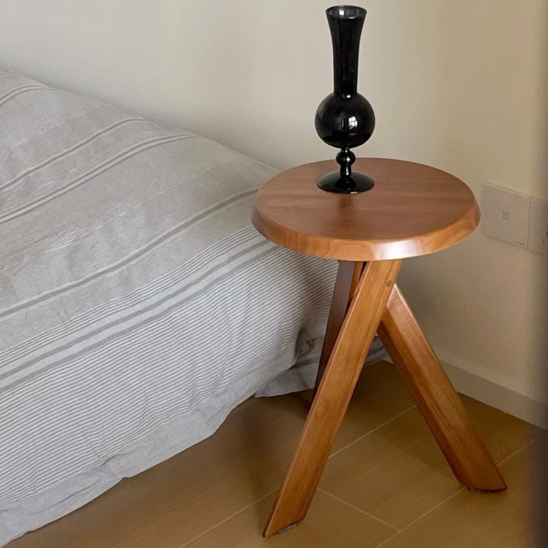 Mesa auxiliar de sofá de madera de fresno, mesa esquinera Wabi-Sabi, taburete redondo Vintage para sala de estar, estante de almacenamiento resistente