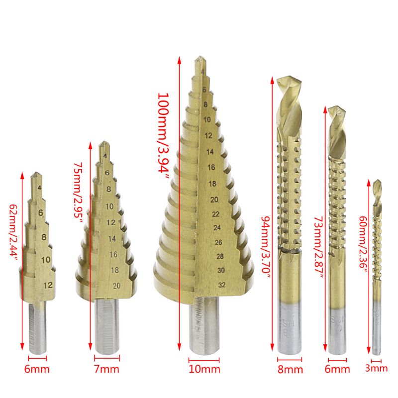 6 Pcs/Set HSS Steel Titanium Coated Step Drill Bit Hole Cutter 4-32mm Metal Tool