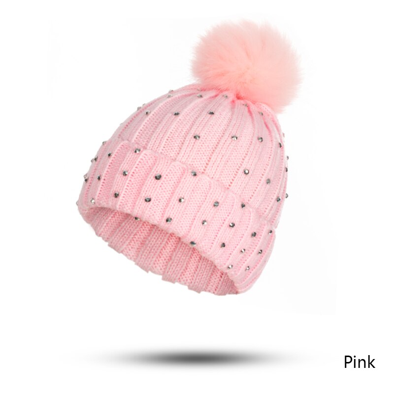 GROUPJUMP-Gorro con pompón de punto para niño, gorros, gorros para niña, gorros con diamantes de imitación, gorro para niño: pink