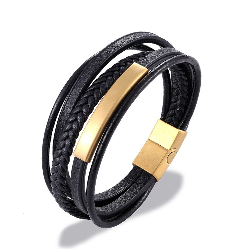 Pulsera de cuero con cuentas multicapa para hombre, brazalete de cuero, , hecho a mano, clásico, de negocios, informal: A6569-Gold