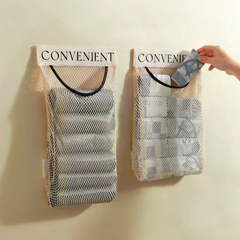 Bolsa de almacenamiento de malla para montaje en pared, soporte para bolsa de basura, dispensador de bolsas de compras de plástico, bolsa de artículos diversos, almacenamiento de red, organizador de bolsas de comestibles