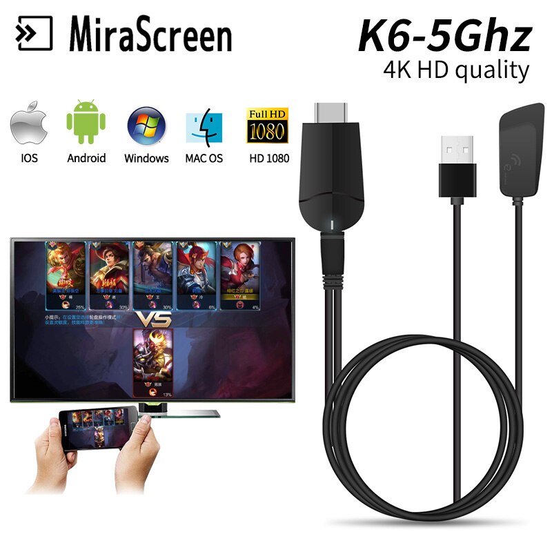 TV Stick Mirascreen K6 4K HD - Dual Band 2.4G/5G - HDMI - Android Dongle