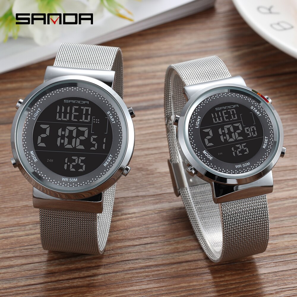 Sanda koppelhorloge led digitaal dames herenhorloge roestvrij staal mesh riem waterdichte liefhebbers horloges relogio masculino: Paar zilver